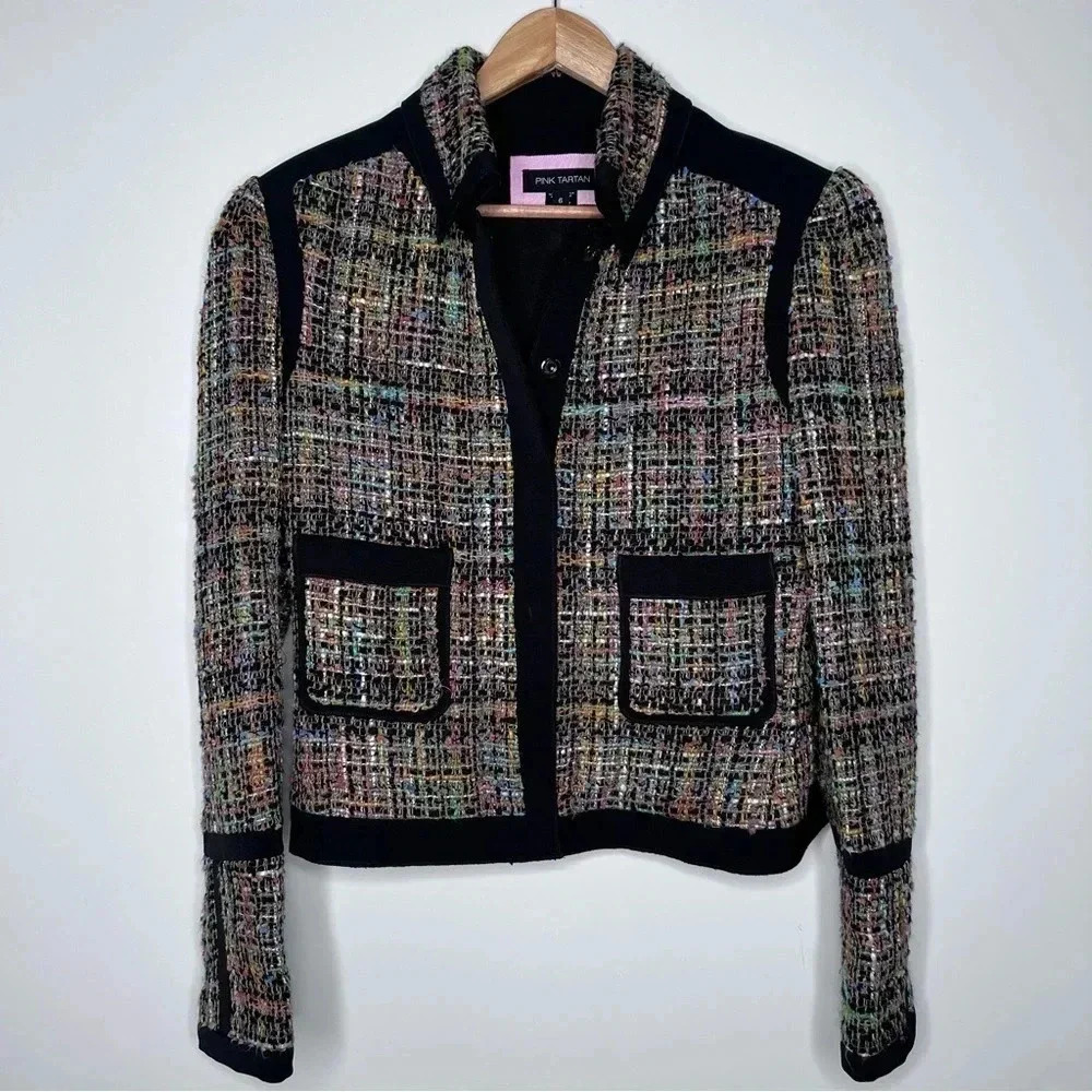 Pink Tartan Black and Multicolor Tweed Blazer